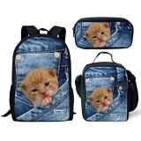 Rucksack mit süßem Kätzchen-Motiv 3-teilig gemustert Lunchbox Schultasche Federmäppchen