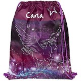 Turnbeutel mit Namen personalisiert | Motiv Pegasus fliegendes Pferd in lila & pink | Schuhbeutel Mädchen Sportbeutel für Kinder zum Zuziehen