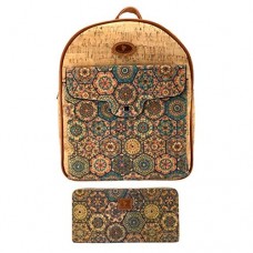 J.S ONDO Damen-Rucksack aus Kork 2 Stück handgefertigt Kork + Geldbörse mit Muster umweltfreundlich aus portugiesischem Kork