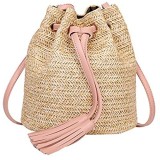 YIMOLL Strohtasche Umhängetasche für den Strand für Damen Vintage Handtasche Leder handgefertigt Strandtasche rund aus Stroh Rattan-Tasche für Mädchen kleine Umhängetasche